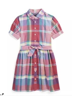 Polo Ralph Lauren Girls Cotton Madras Plaid Shirtdress Size 14 Short Sleeve